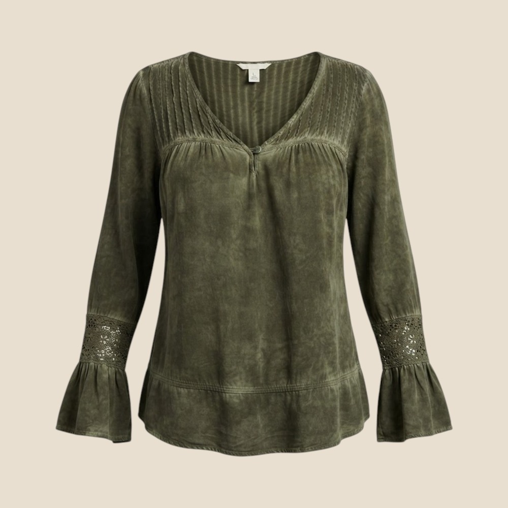 Cato Olive Green Boho Pintuck Lace Bell Sleeve Blouse Lg Peasant Cottagecore
